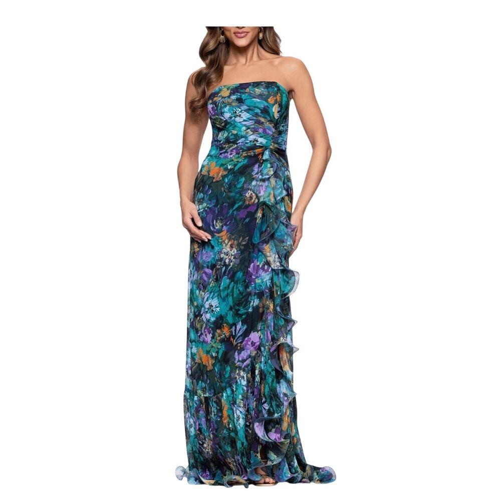 Xscape Evening Pleated Strapless Teal Mermaid Floral Ruffle Gown 6